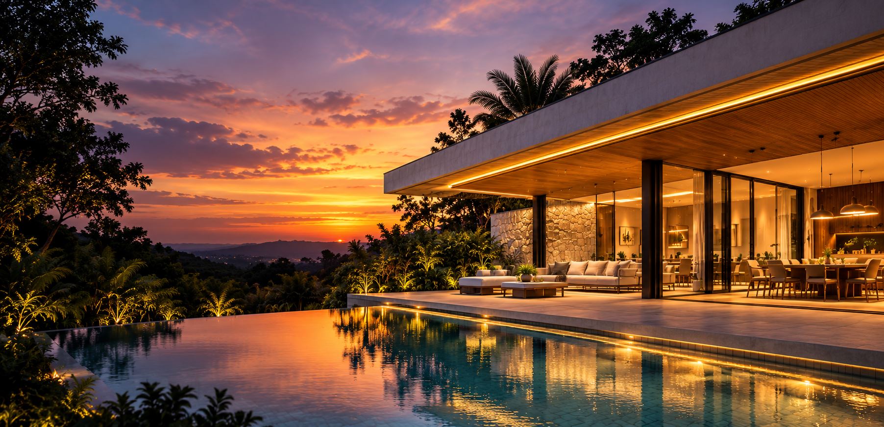 Residência contemporânea ao entardecer, com varanda iluminada e piscina espelhada