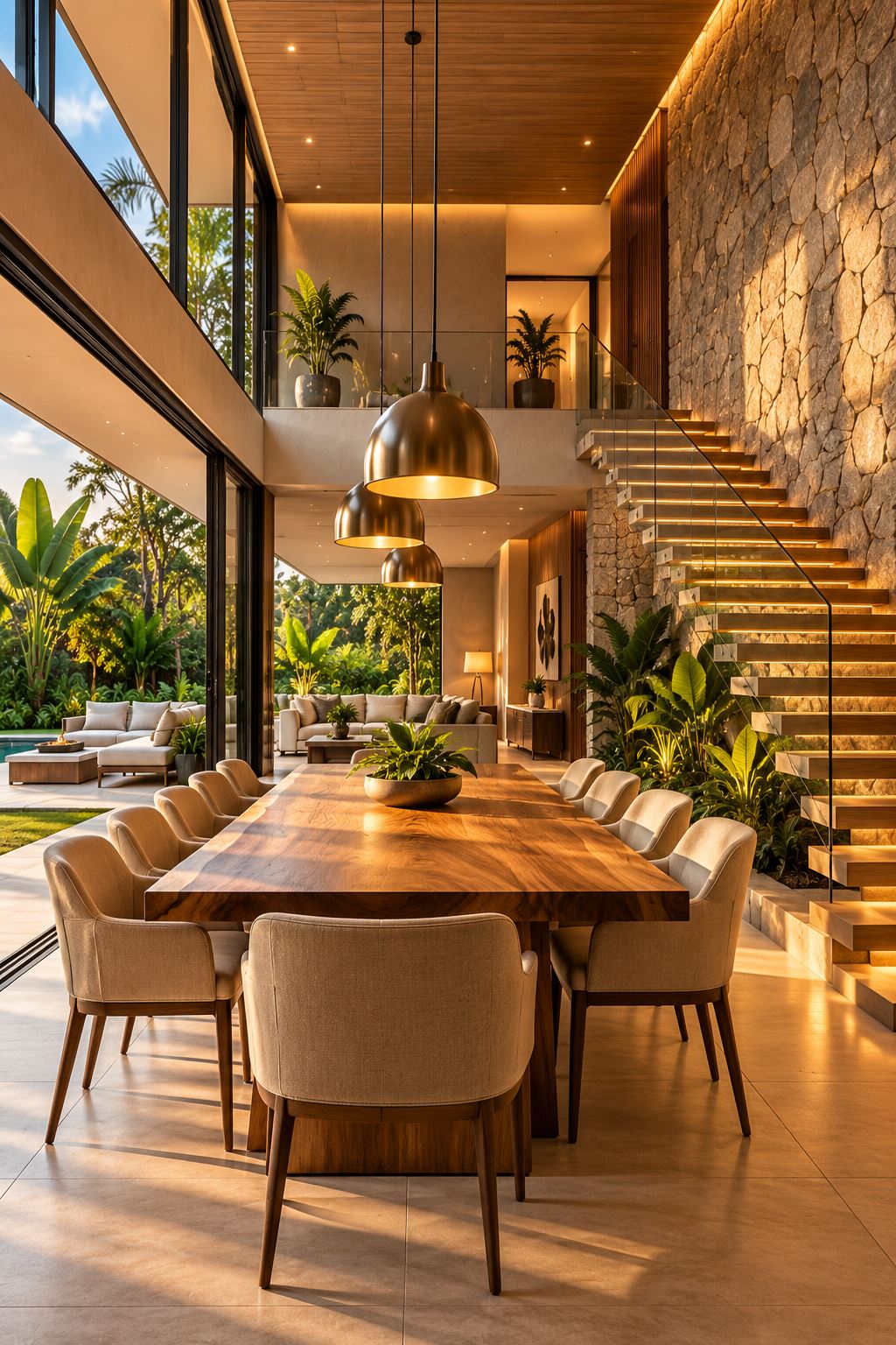 Sala de jantar com parede de pedra, escada iluminada e vista para o jardim